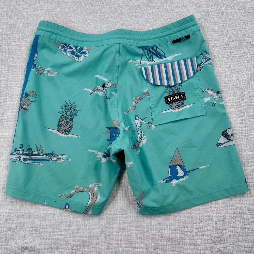 Vissla Board Shorts Mens 36 Teal Beach Print Coconut Stretch Trunks M1104HEL